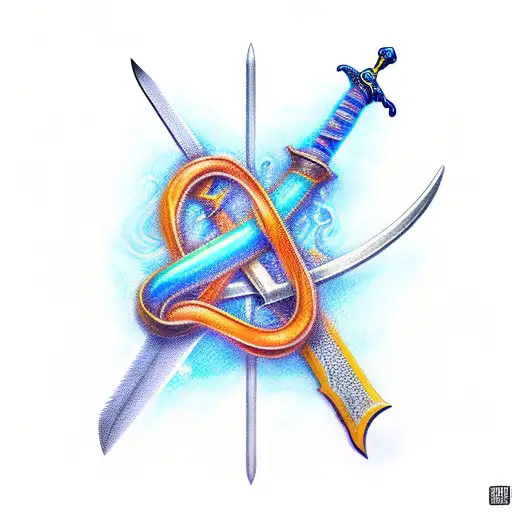 sword witht he word loyalty intertwined in it, standing upright in a reflective puddle with buttlies accented in blue tattoo design idea