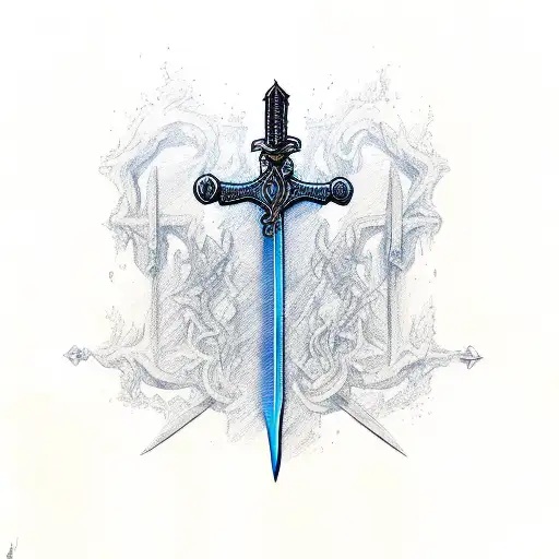 sword with the word loyalty intertwined in it, standing upright in a reflective puddle with buttlies accented in blue tattoo design idea