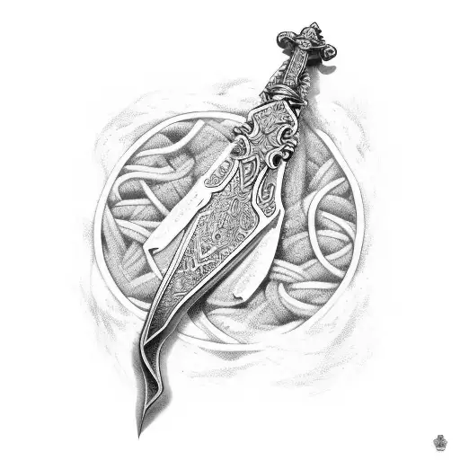 sword with the word loyalty intertwined in it, standing upright in a reflective puddle with buttlies accented in blue tattoo design idea