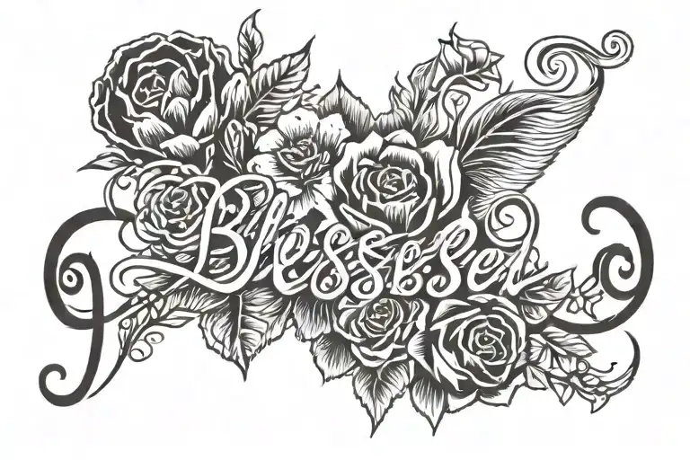  fine line tattoo that says “blessed” in cursive with a bouquet of flowers coming out the end of the word tattoo design idea