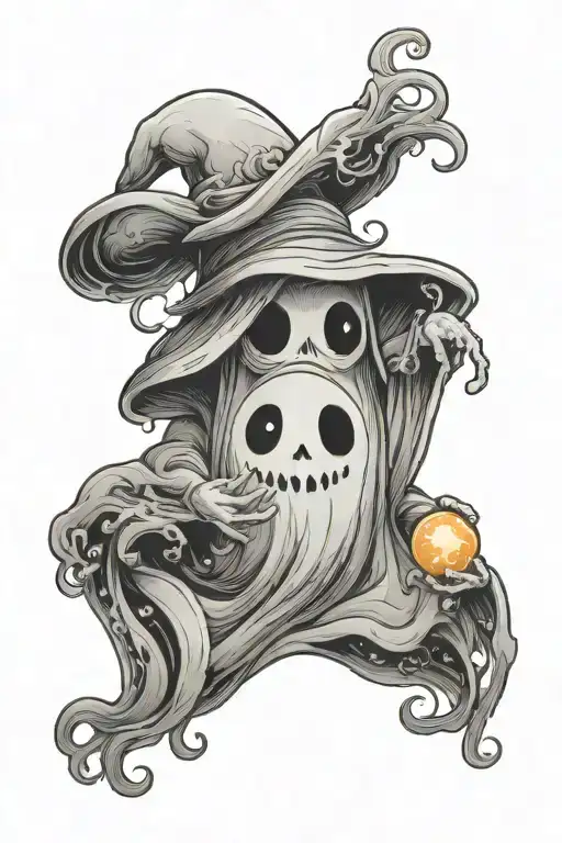 wispy fog surrounding a cute cartoon looking ghost holding an orb.  tattoo design idea