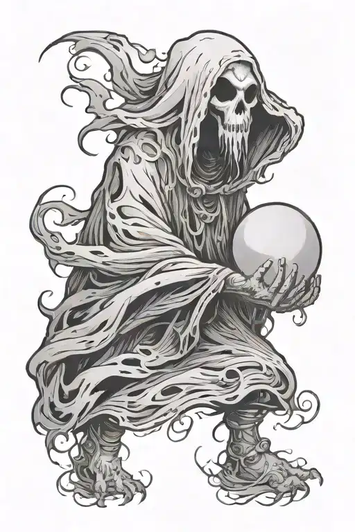 wispy fog surrounding a ghost holding an orb. The background is in a creepy area and the ghost is all alone tattoo design idea
