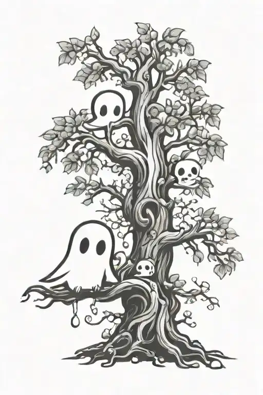 sparkly wide tree with small cute ghost dancing playing around  it tattoo design idea