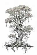 weeping tree with small cute ghost dancing around it tattoo design idea