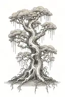 weeping tree with small cute ghost dancing around it tattoo design idea
