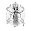 A mystical Indian goddess with multiple arms, each holding a symbol of power and spirituality tattoo design idea