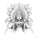 A mystical Indian goddess with multiple arms, each holding a symbol of power and spirituality tattoo design idea