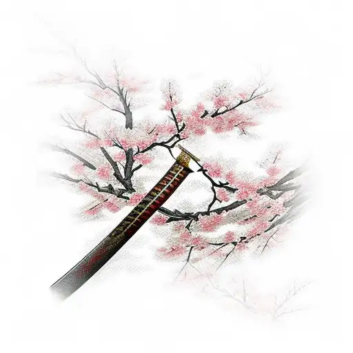 Japanese samurai sword with cherry blossoms wrapping around it tattoo design idea