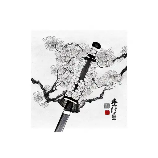 Japanese samurai sword with cherry blossoms wrapping around it tattoo design idea