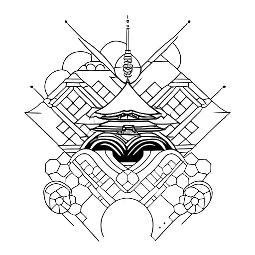 A futuristic Japanese temple with geometric patterns and a crow perched on top in a minimalist style tattoo design idea
