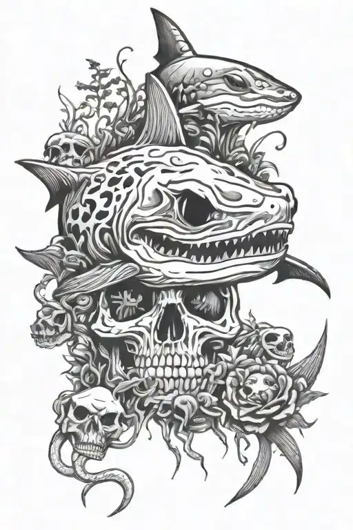 Shark underwater, frog, mushroom, skull, snakes, moonlit sceneary tattoo design idea