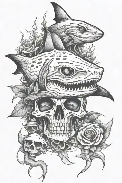 Shark underwater, frog, mushroom, skull, snakes, moonlit sceneary tattoo design idea