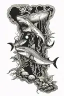 shark underwater, featuring rocks and mushrooms, a snake, a skull and a moonlit scene tattoo design idea