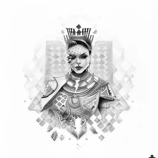 A detailed portrait of a chess queen and pawn in a dotwork style tattoo design idea