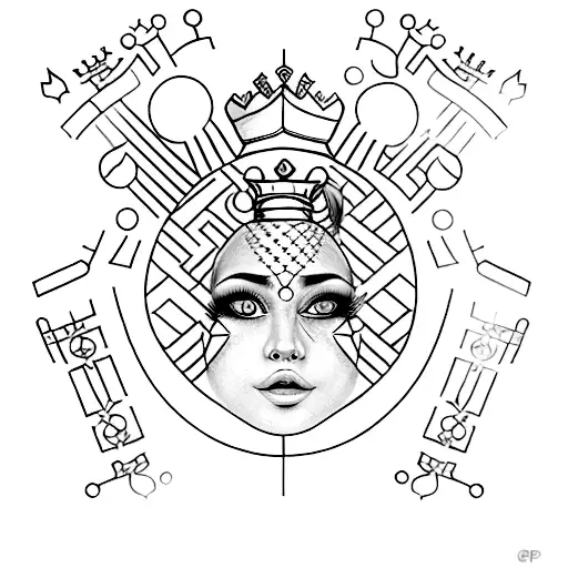 A detailed portrait of a chess queen and pawn in a dotwork style tattoo design idea