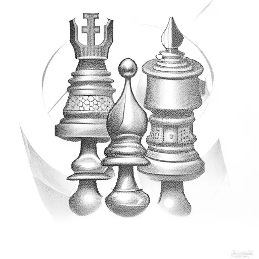 A detailed portrait of a chess queen and pawn in a dotwork style tattoo design idea
