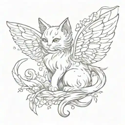 fairy cat with wings. ethereal vibe. small fine line. tattoo design idea