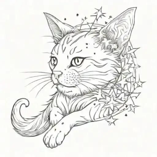 fairy cat with wings. the cat has a star on her head. ethereal. small and fine line. tiny stars around. cybersigilism. tattoo design idea
