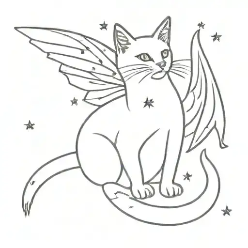 fairy cat with wings. the cat has a star on her head. ethereal vibe. small and fine line. tiny stars around. red wings. tattoo design idea