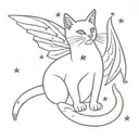 fairy cat with wings. the cat has a star on her head. ethereal vibe. small and fine line. tiny stars around. red wings. tattoo design idea