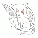 fairy cat with wings. the cat has a star on her head. ethereal vibe. small and fine line. tiny stars around. red wings. tattoo design idea