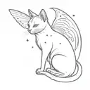 fairy cat with wings. the cat has a star on her head. ethereal vibe. small and fine line. tiny stars around. red wings. tattoo design idea