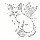 fairy cat with wings. the cat has a star on her head. ethereal vibe. small and fine line. tiny stars around. red wings. tattoo design idea