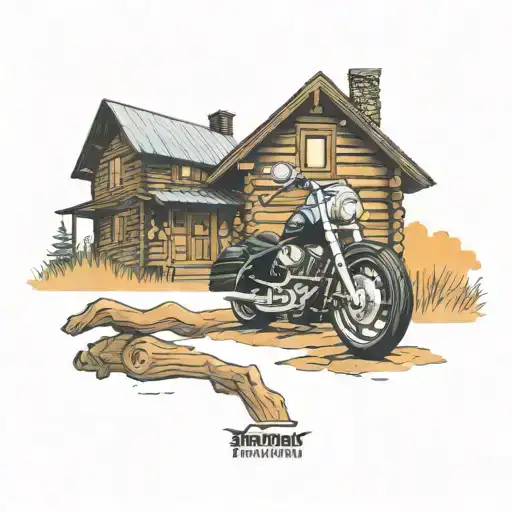 Harley Davidson parked by log cabin during dawn sky tattoo design idea