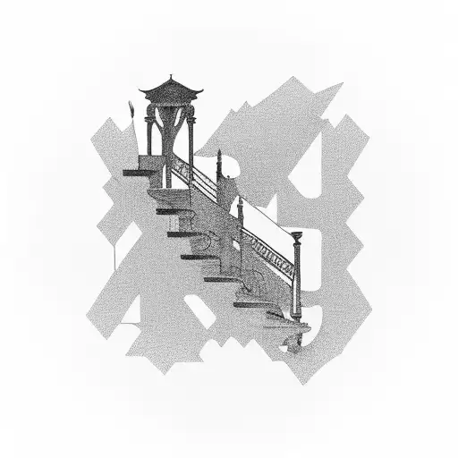Stairway to heaven with a broken clock at the end. 2 men and 1 woman on the stairs  tattoo design idea