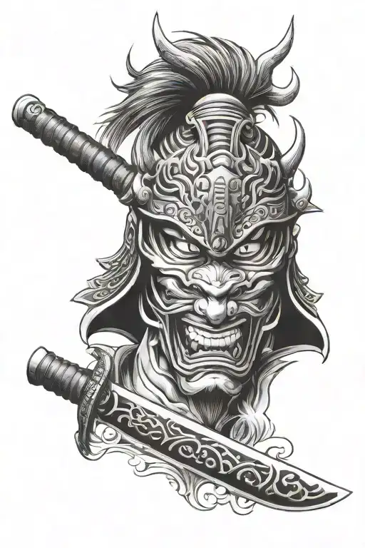 samurai mask and katana in devil mouth open tattoo design idea
