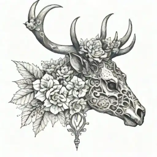 A dotwork tattoo of a steampunk deer skull surrounded by intricate flowers tattoo design idea