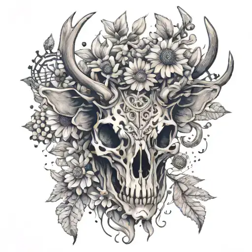 A dotwork tattoo of a steampunk deer skull surrounded by intricate daisies tattoo design idea
