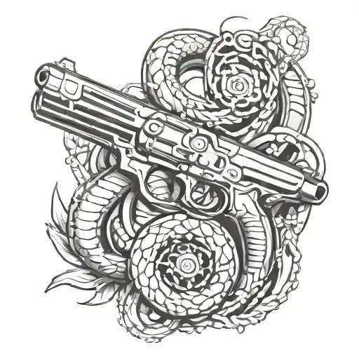 Craft a striking composition featuring a gun barrel morphing into a mechanical snake, symbolizing power and precision tattoo design idea