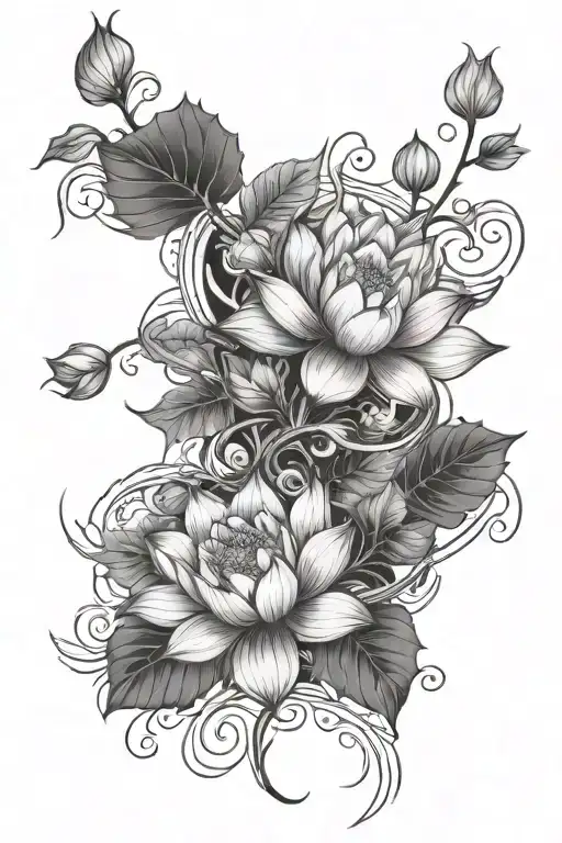 leaves and lotuses on vines wrapping tattoo design idea