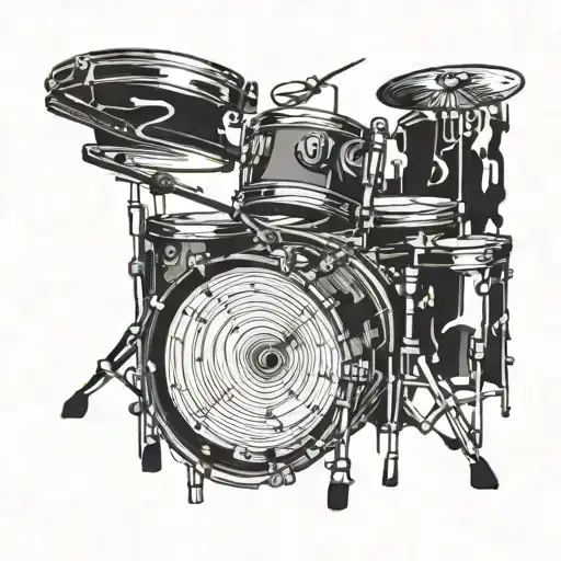 A detailed tattoo of a drum set surrounded by musical notes and sound waves tattoo design idea