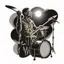 A black and grey tattoo of a musician playing the drums with a spotlight shining down on them tattoo design idea