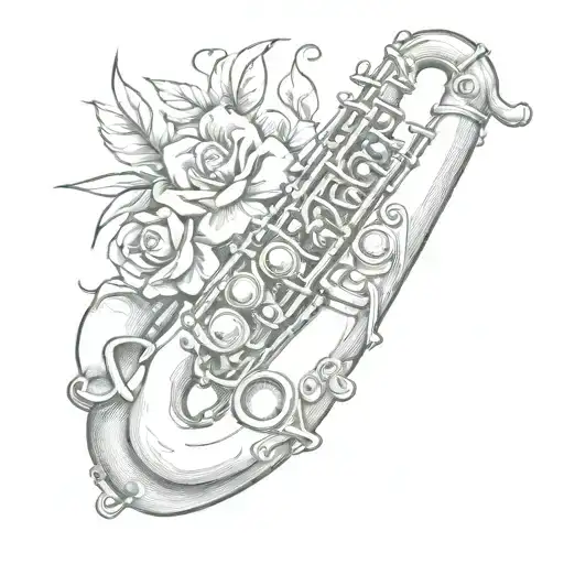 A saxophone with a heart-shaped bell and the letter K engraved on it, symbolizing the client's passion for music and love tattoo design idea