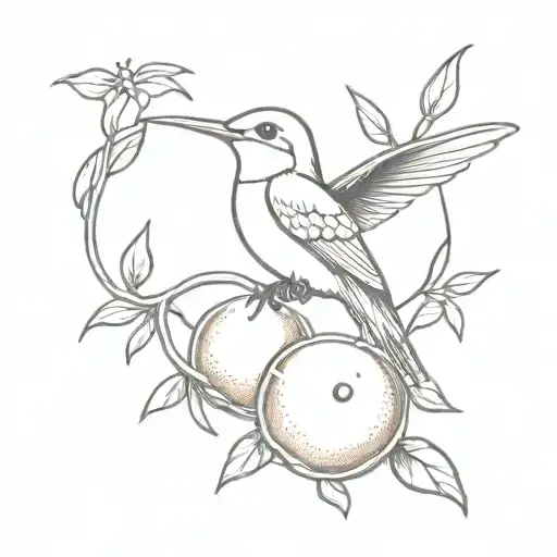 A mandarina fruit with a hidden hummingbird and saxophone design inside tattoo design idea