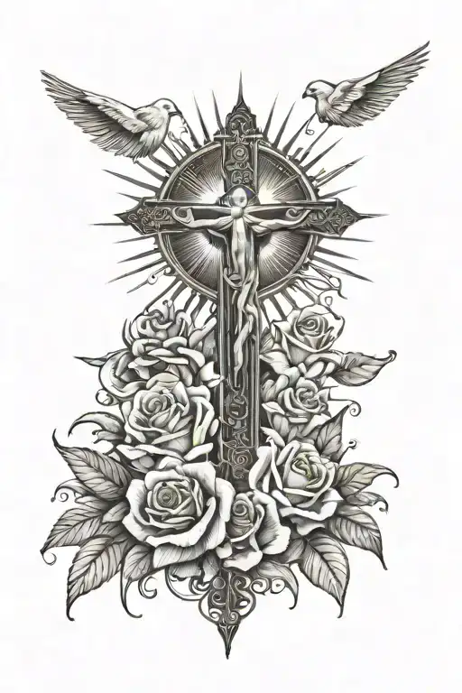 a sun with its rays, doves flying in the sky and roses and lilys on the bottom with a jesus cross in the middle  tattoo design idea
