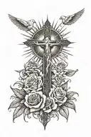 a sun with its rays, doves flying in the sky and roses and lilys on the bottom with a jesus cross in the middle  tattoo design idea