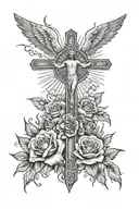 a sun with its rays, doves flying in the sky and roses and lilys on the bottom with a jesus cross in the middle  tattoo design idea