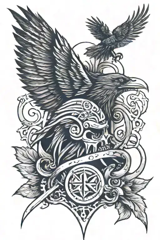 The Morrigan head, with a crow, a sword, and triskelion tattoo design idea