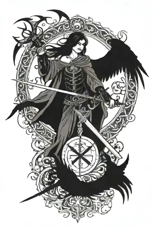 The Morrigan, with a crow, a sword, and triskelion tattoo design idea