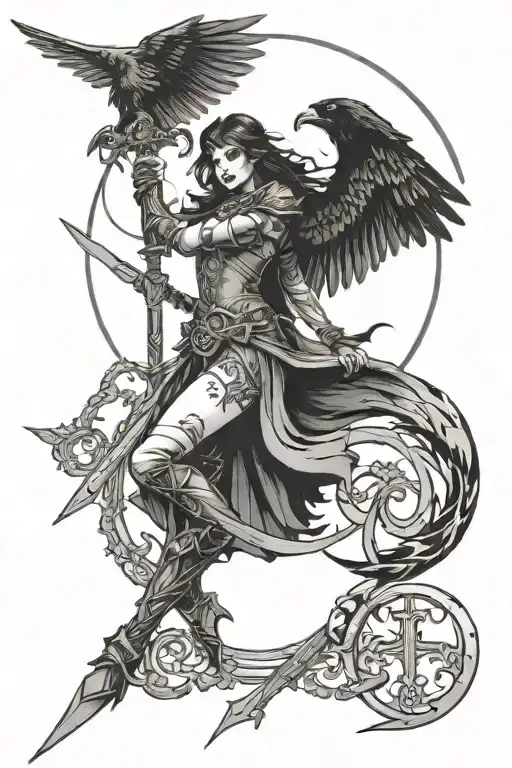 The Morrigan with a crow, a sword, and triskelion tattoo design idea