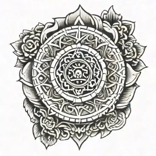 aztec calendar stone adorned tattoo design idea