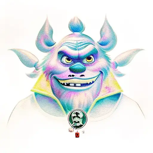 A traditional-style tattoo depicting Sullivan, Mike, and Boo from the movie Monsters Inc., surrounded by vibrant watercolor elements. tattoo design idea