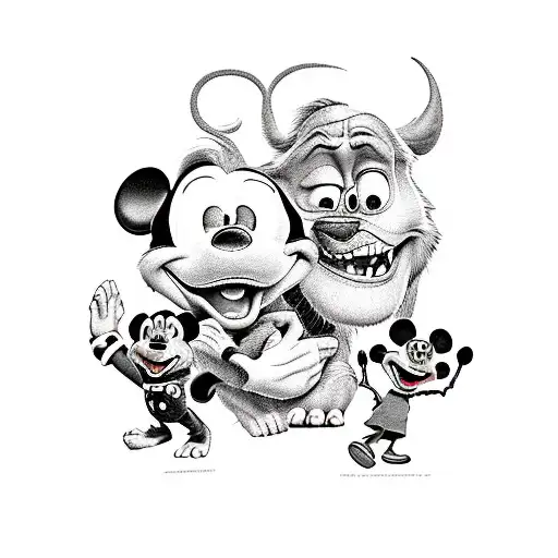 A playful and colorful tattoo featuring Sullivan, Mike, and Boo from the movie Monsters Inc., along with Mickey Mouse. tattoo design idea