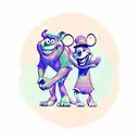A playful and colorful tattoo featuring Sullivan, Mike, and Boo from the movie Monsters Inc., along with Mickey Mouse. tattoo design idea