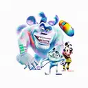 A playful and colorful tattoo featuring Sullivan, Mike, and Boo from the movie Monsters Inc., along with Mickey Mouse. tattoo design idea