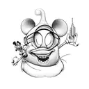 A playful and colorful tattoo featuring Sullivan, Mike, and Boo from the movie Monsters Inc., along with Mickey Mouse. tattoo design idea